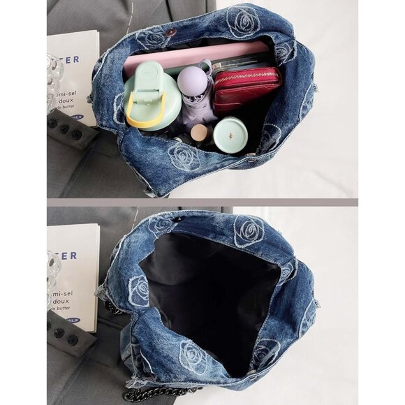 Denim Hobo Tote Bag for Women Floral Pattern Shoulder Purse Lightweight - Picture 3 of 6